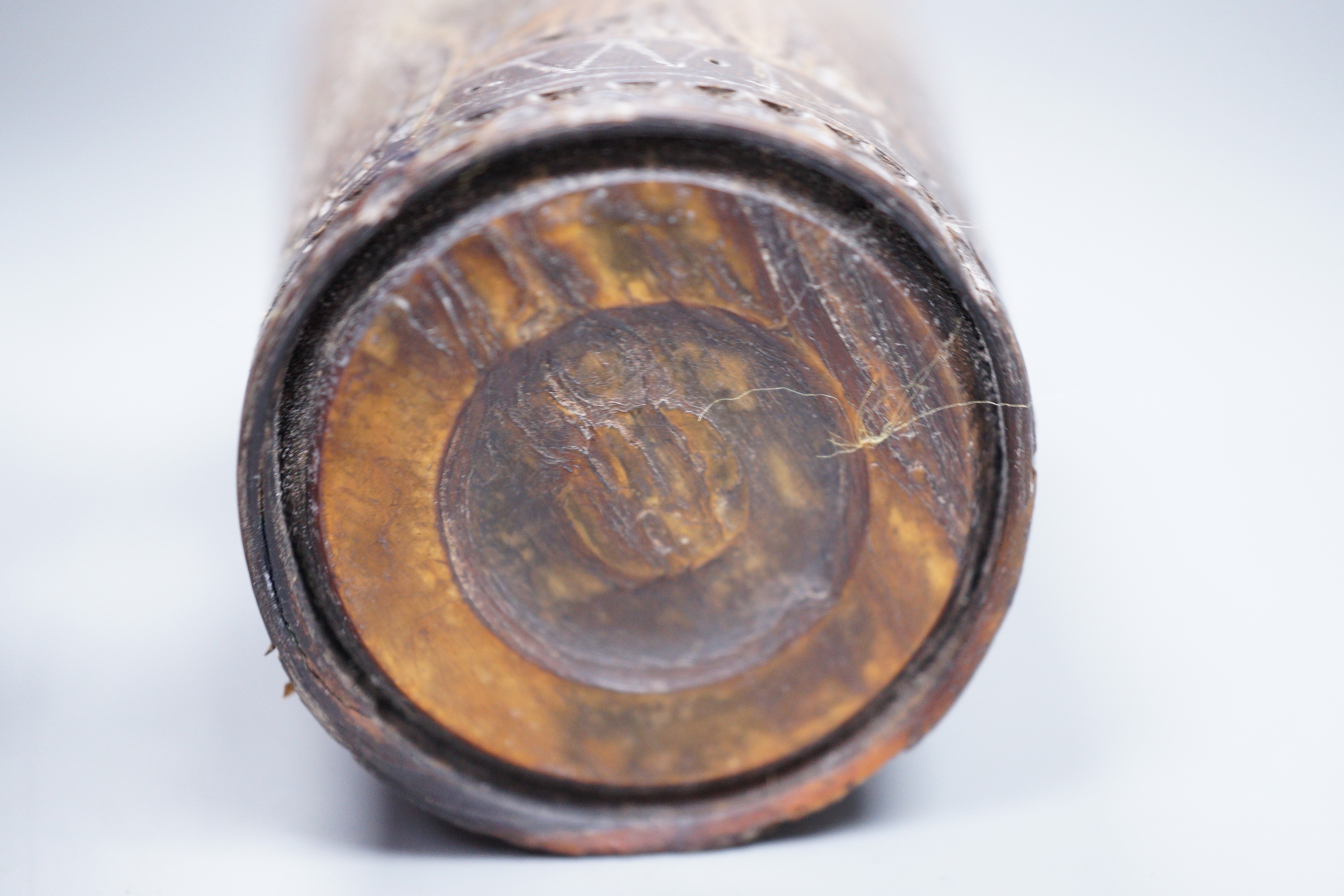 A 19th century carved horn beaker, titled ‘Ship Peru’, dated ‘Feb 12th 1840’, initialled ‘W.M’, the reverse carved ‘FOREVER TRUE ALWAYS YOURS’, height 10cm